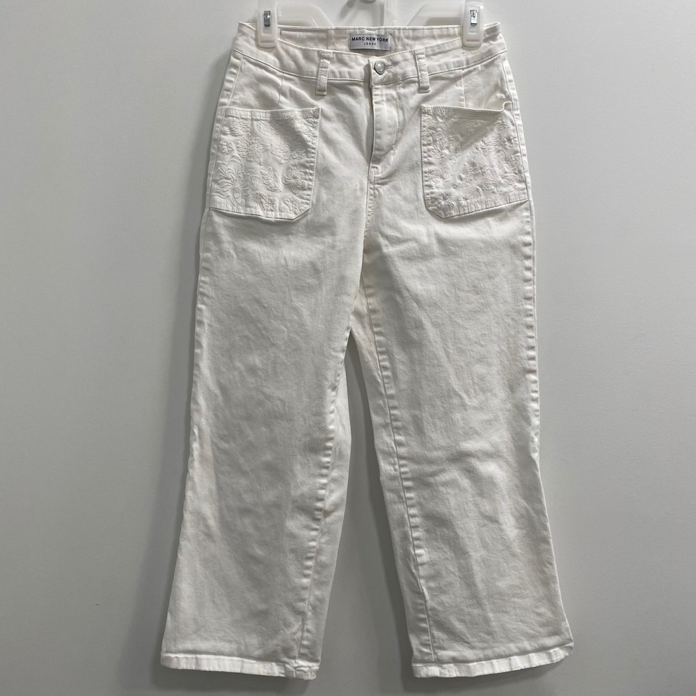 Marc New York Jeans Women 8 White Embroidered Pocket Wide Leg Crop Denim Pants